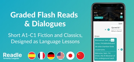 Readle: Learn Languages Daily - Users engage with graded dialogues presented in an interactive chat format, featuring original text alongside contextual translations for immersive learning.