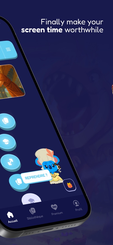 Sapio – General Knowledge - L'interfaccia dell'app presenta una chiara barra di navigazione che include opzioni come "Bibliothèque" e offre suggerimenti interattivi come "REPRENDRE ?", facilitando la ripresa delle sessioni di studio.