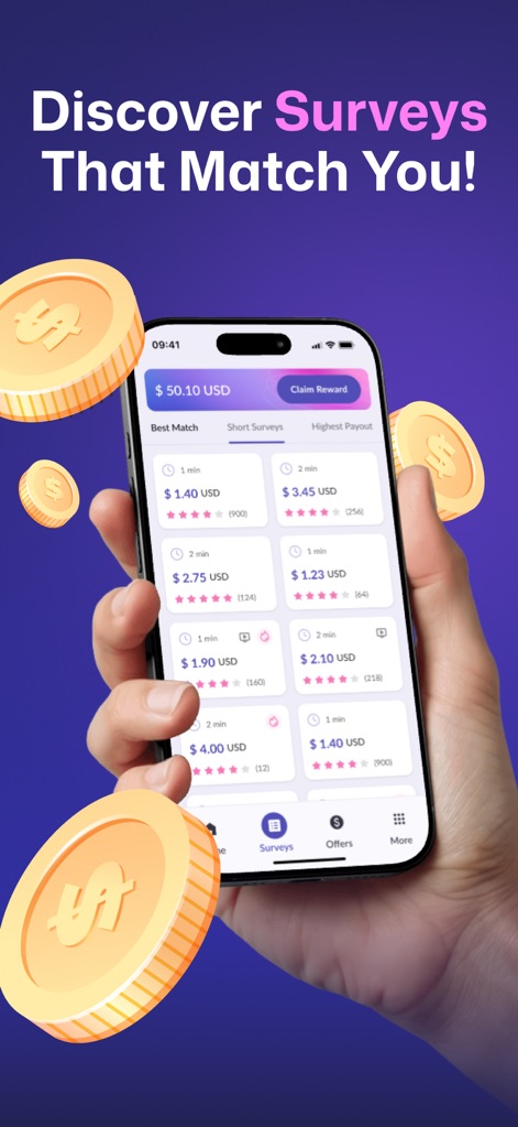 EarnStar: Earn Money Fast - Users can browse a comprehensive list of surveys, easily identifying preferred options through filters like "Short Surveys" and clearly displayed USD earnings.