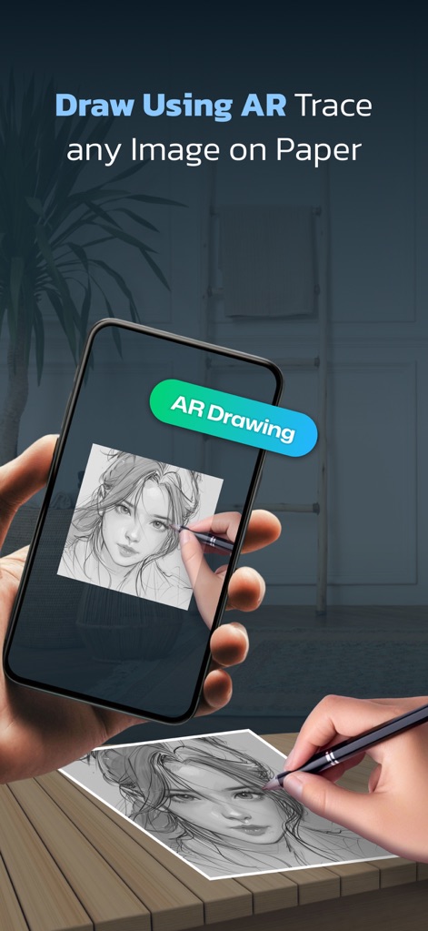 Draw Easy AI: AR Trace Sketch - Witness the AR drawing functionality as an image is overlaid on the camera view, guiding the user's hand to trace a detailed sketch onto paper.