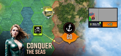 Uboat Attack - Discover the strategic depth of the app through its hex-grid world map, guiding users to objectives and displaying vital resource indicators like money and gold.