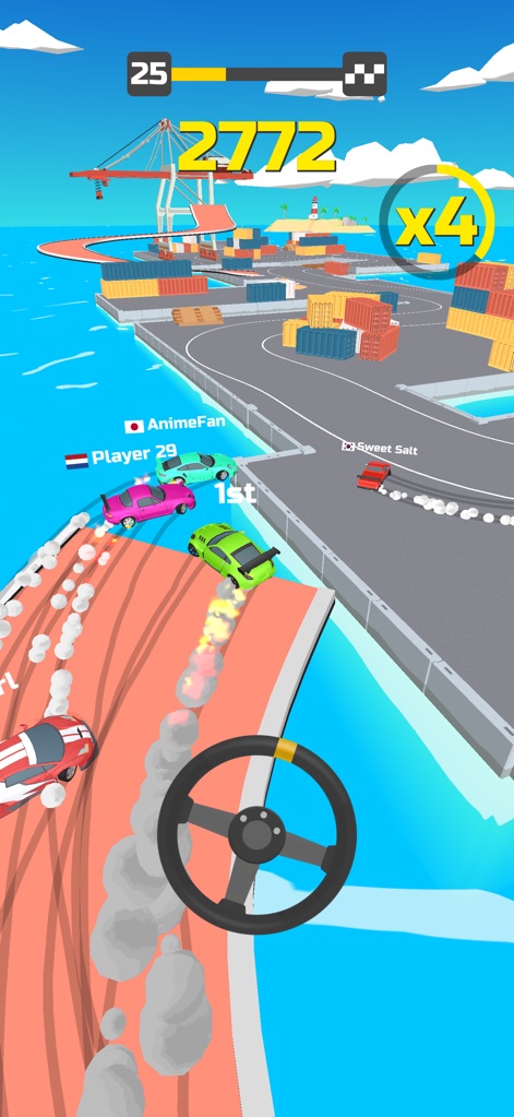 Hyper Drift! - Navigate challenging courses through a vibrant harbor environment, showcasing intense drifting action amidst shipping containers and cranes.