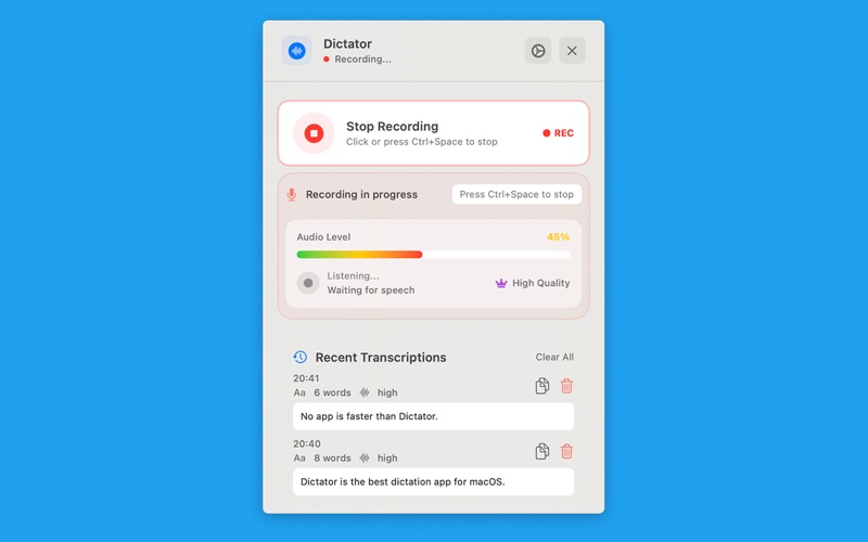 Dictator AI offline dictation app screenshot