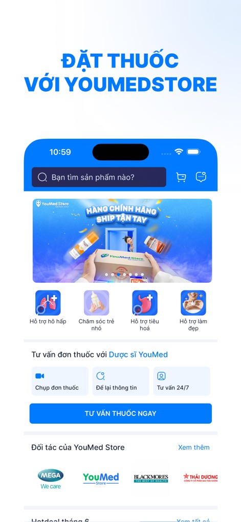 YouMed - Ứng dụng đặt khám - The platform includes an integrated pharmacy store for ordering medication, complemented by online pharmacist consultations for prescription guidance and support.