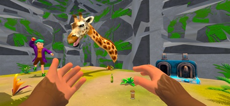 Zoo Monkey Life Simulator - 이 앱은 사용자에게 1인칭 시점으로 게임을 플레이하게 하며, 놀란 표정의 방문객과 신비롭게 나타난 기린의 머리 같은 예측 불가능한 상황을 보여줍니다.