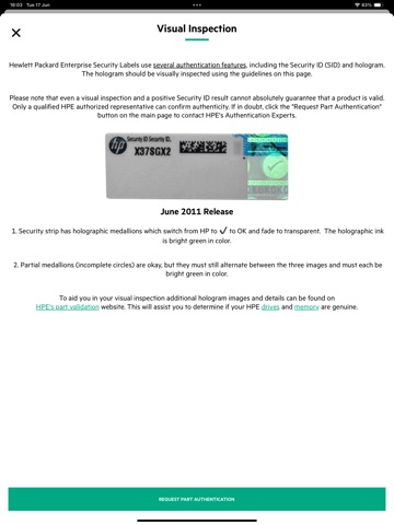 HPE Parts Validation iPad screenshot