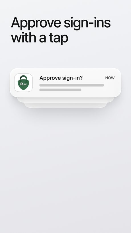 ID.me Authenticator App Store screenshot 4, headline “Approve sign-ins with a tap”. Screen is small.