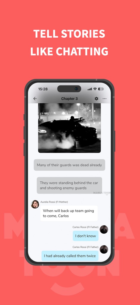 MangaToon: Comic & Manga - Dive into interactive dialogue narratives where stories unfold like conversations, featuring distinct character profiles and engaging image inserts to enhance the plot.