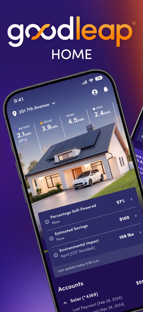 GoodLeap Home - このスクリーンショットは、ユーザーの住宅のエネルギー消費のダッシュボードと、太陽光発電による推定節約額を表示し、賢いホームエネルギー管理を可能にします。
