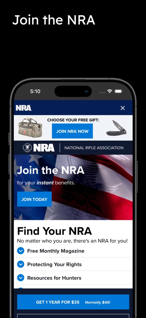 NRA - Prospective members can easily join the NRA, with a clear "Join the NRA" banner and a concise list of benefits such as "Free Monthly Magazine" and "Protecting Your Rights."