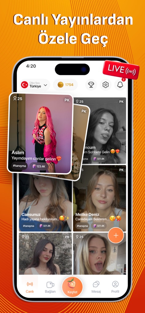 Omegro - Görüntülü Sohbet - Users can participate in and view engaging live broadcasts with real-time viewer counts, highlighting the app's vibrant social streaming capabilities.