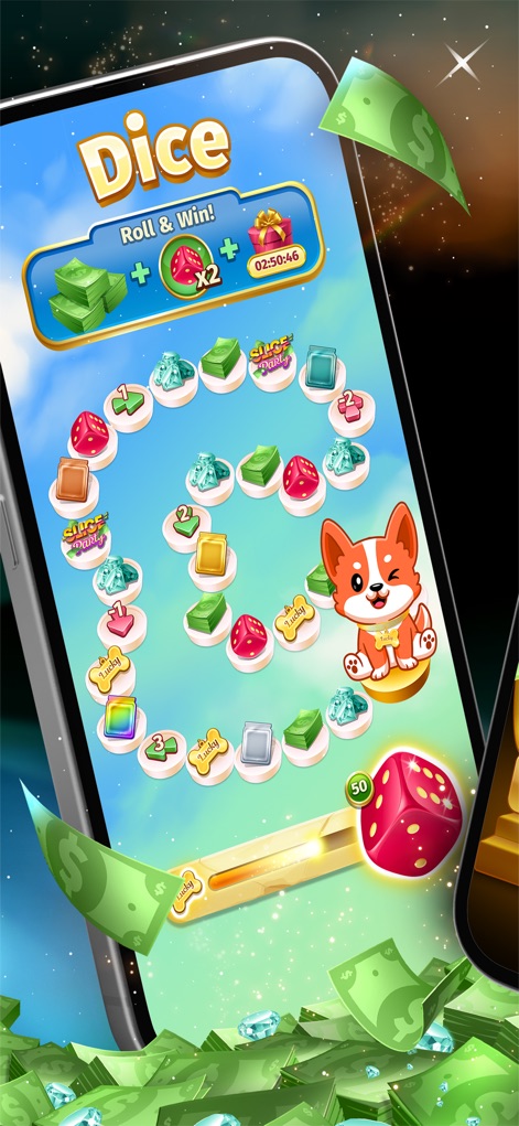 Solitaire Stash: Win Real Cash - Another engaging mini-game, 'Dice', provides a colorful board game experience with a cute dog character guiding progress and a prominent dice roll interface.