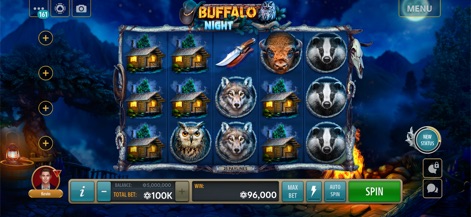 Jackpot Buffalo Slots - A atmosfera noturna de "Buffalo Night" revela bobinas com símbolos como lobos e corujas, ambientadas em uma paisagem escura.