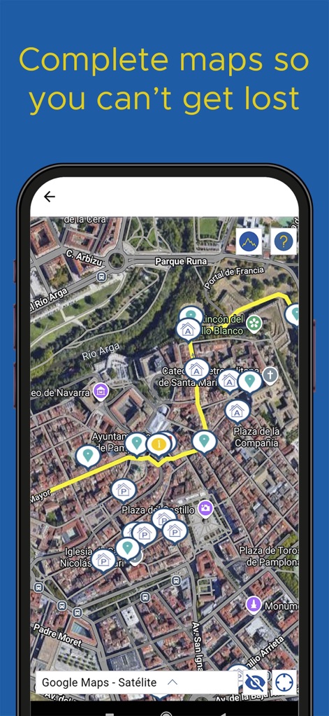 Buen Camino de Santiago App - Esta herramienta ofrece mapas exhaustivos con vista satelital, destacando puntos de interés geolocalizados como alojamientos y la ruta precisa marcada en amarillo.