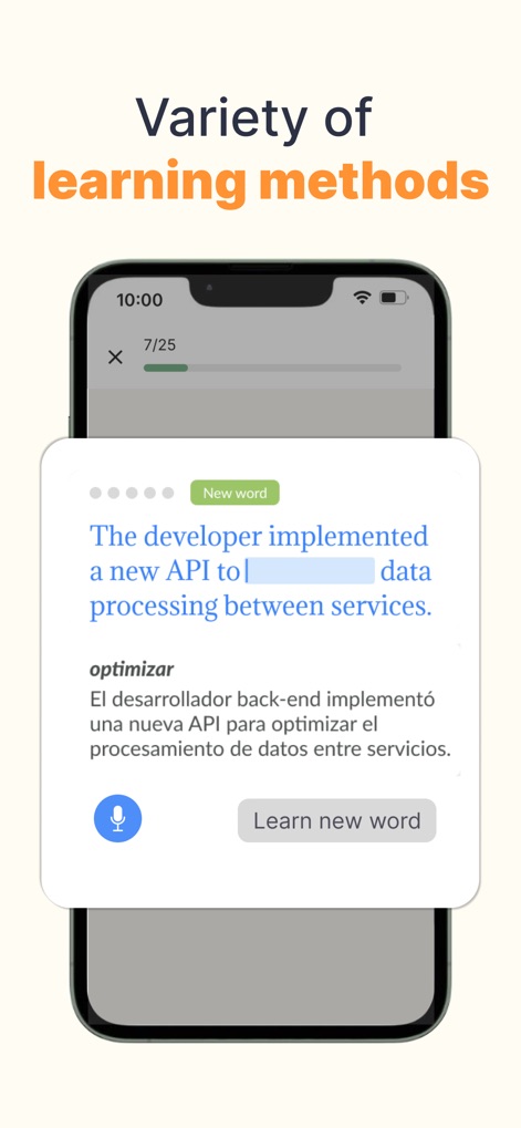 PeakTalk: Job-specific English - A plataforma emprega variadas abordagens pedagógicas, como exemplificado pelo exercício de preenchimento de lacunas com a indicação de "New word" e a opção de tradução contextual para "otimizar", enriquecendo o vocabulário.