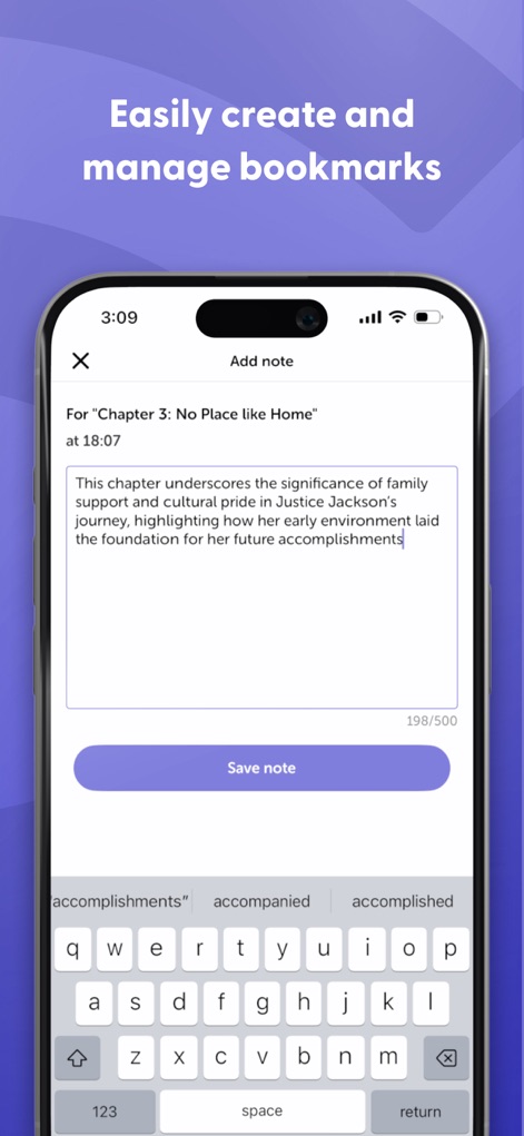 Libro.fm Audiobooks - ブックマーク作成画面では、ユーザーは特定の箇所にテキストメモを追加して詳細を記録できます。この機能により、重要な情報を簡単に保存し、後で確認することが可能です。