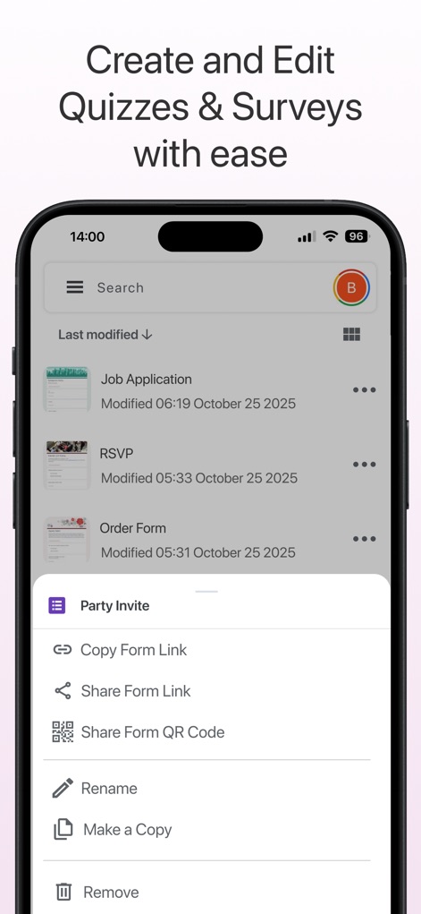 Forms for Google Doc - This tool simplifies form management, allowing users to navigate a comprehensive list of forms and access quick editing and sharing options via a context menu.