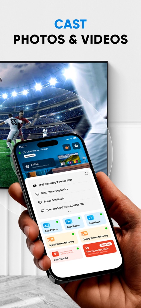 TV Cast & Screen Mirroring App - Esta herramienta permite a los usuarios compartir su contenido con opciones claras para transmitir fotos y videos, además de la interfaz que muestra múltiples dispositivos de destino.