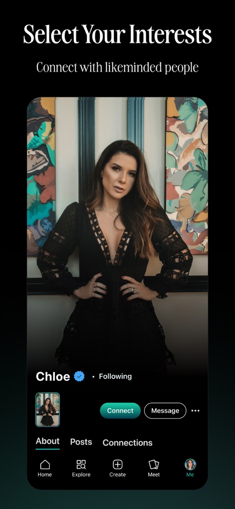 Belong - Meet New People - The app offers comprehensive user profiles, like Chloe's, featuring distinct "About," "Posts," and "Connections" tabs, alongside direct "Connect" and "Message" interaction buttons.