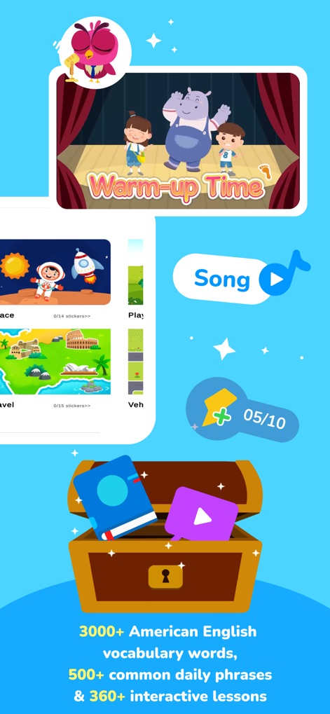 Babilala: Tiếng Anh Online - Immerse children in a rich content library, from 'Warm-up Time' videos with animated characters to an extensive treasure chest icon representing diverse learning resources.
