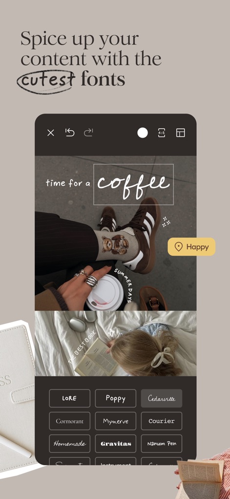 klora - scrapbook collages - Discover an inspiring selection of cute and creative fonts, allowing users to infuse personality into their designs, with options like 'Gravitas' and 'Poppy' readily available.