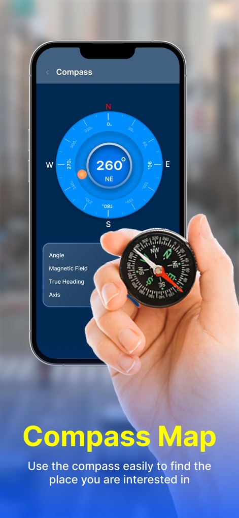 GPS Photo Stamp Camera Map - ユーザーは、デジタルコンパスの表示と、詳細な角度・磁界情報を利用して、興味のある場所への正確な方位を容易に特定できます。