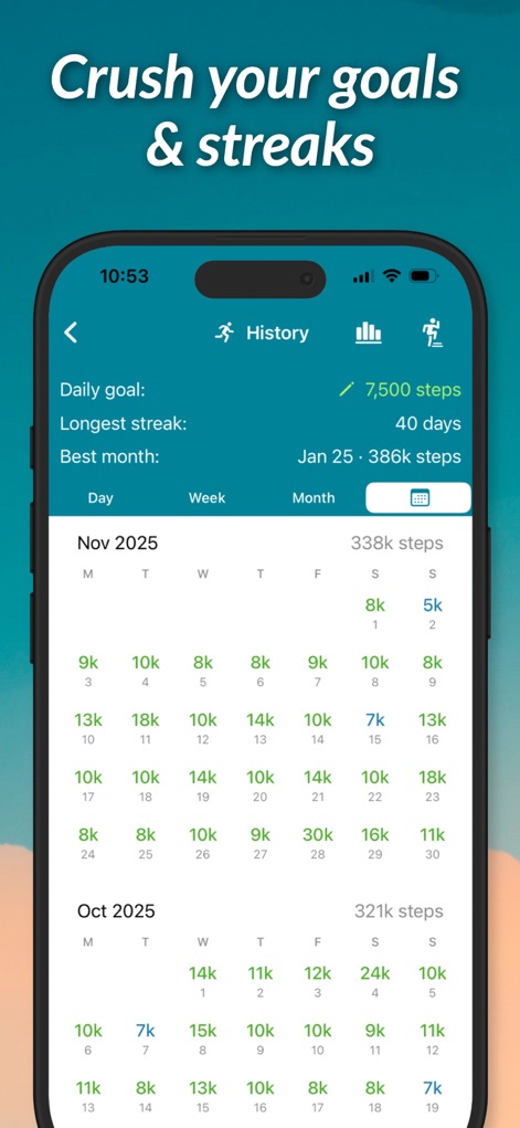 StepUp Pedometer Step Counter - This tool offers detailed historical data with a monthly calendar view showcasing step progress and highlights personal achievements like the daily goal and longest streak.