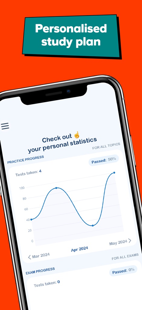 Driving Theory Test Kit | RAC - O recurso de progresso personalizado exibe um gráfico de linha mostrando o desempenho ao longo do tempo e estatísticas detalhadas sobre testes realizados e aprovados, auxiliando na identificação de áreas de melhoria.