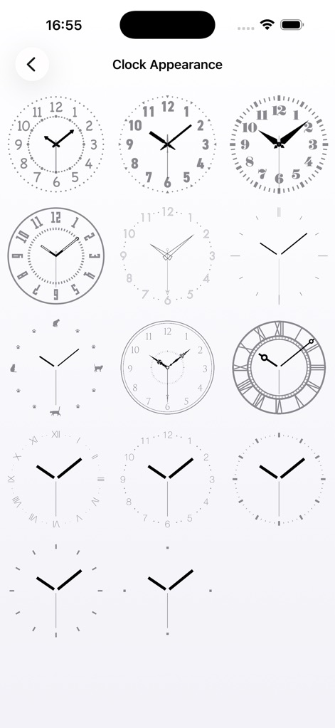 Alarm & Timer - La aplicación ofrece una extensa galería de apariencias de reloj, incluyendo diseños con números romanos y opciones minimalistas sin numeración.