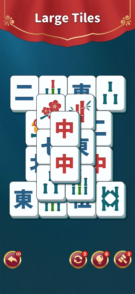 Mahjong Solitaire: Match Game - This view demonstrates the app's commitment to visual comfort, showcasing the prominently sized tiles and their distinct characters for effortless identification.
