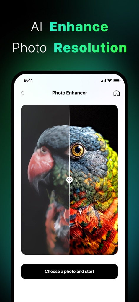 AI Chatbot & Design Assistant - A ferramenta "Photo Enhancer" demonstra sua capacidade de melhorar a qualidade das imagens, exibindo uma foto de papagaio dividida entre a versão "original" e a "aprimorada".