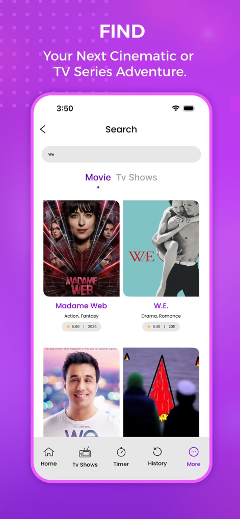 The tv app : Movie And Tv Show - Una barra de búsqueda eficiente permite a los usuarios alternar entre 'Movie' y 'TV Shows' para encontrar rápidamente títulos como 'Madame Web' o 'W.E.'.