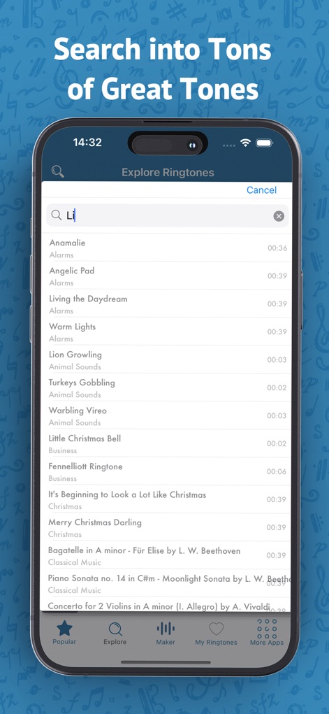 Best Ringtones 2026 for iPhone - Die leistungsstarke Suchfunktion ermöglicht es Nutzern, gezielt nach Tönen zu suchen, während die Echtzeit-Ergebnisse sofort beim Tippen angezeigt werden, um schnell den gewünschten Sound zu finden.