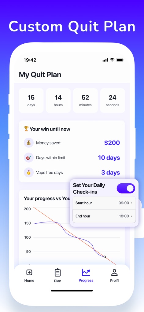 Puff Count: Quit Vaping Now - The app empowers users with a "My Quit Plan" dashboard detailing progress like "Money saved" and offers granular control through the "Set Your Daily Check-ins" overlay.