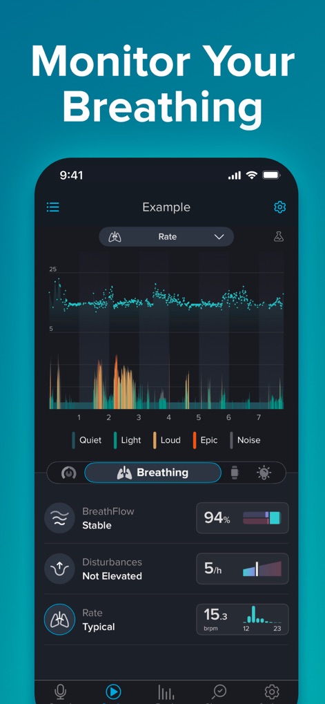 SnoreLab : Record Your Snoring - Observe changes in breathing rate through the detailed scatter plot graph and instantly see the current BreathFlow stability percentage.
