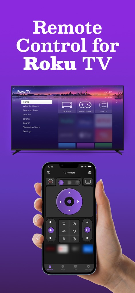 TV Remote Control App for Roku - La aplicación transforma su iPhone en un control remoto completo, mostrando la interfaz intuitiva del mando y la pantalla de inicio de Roku TV, facilitando la navegación.
