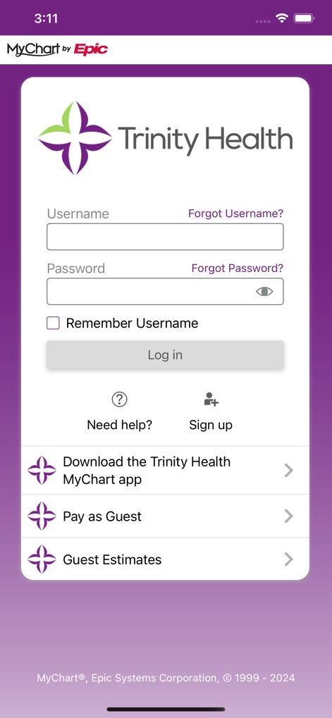 Trinity Health MyChart - Explore the app's initial login interface, featuring clear username/password fields and quick links for guest services or help resources.
