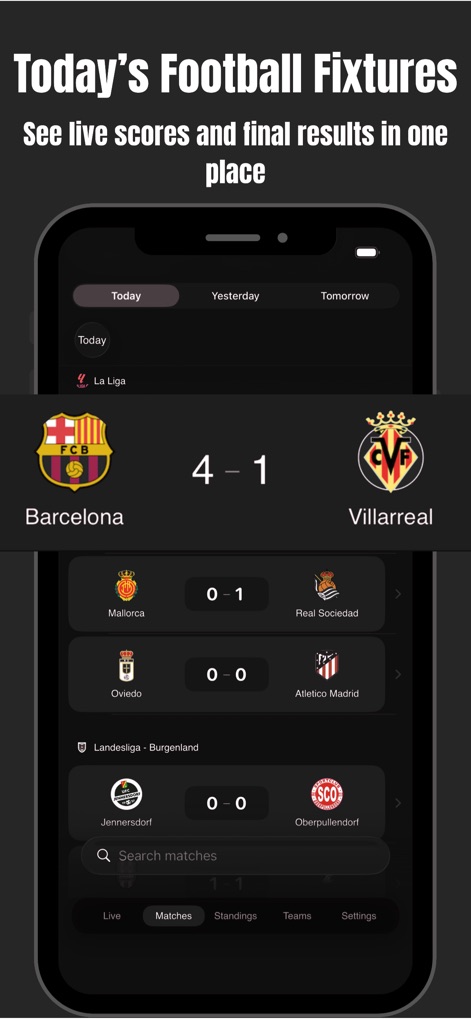 Rodjo Black - Match - The app instantly delivers today's football fixtures, showcasing live scores like the Barcelona vs. Villarreal match and easy navigation through the bottom menu.