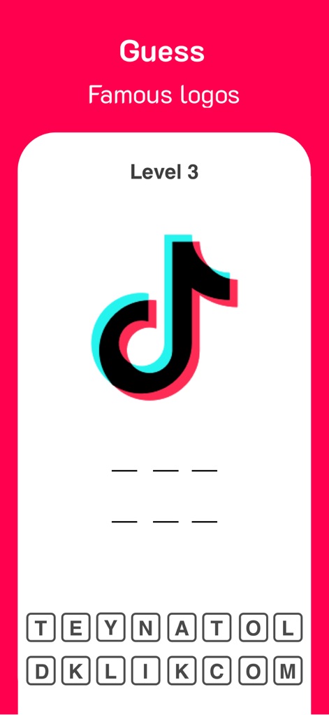 Logo Quiz: Guess Brands - See how the app presents familiar brand logos, such as the partially obscured TikTok symbol, and provides a letter selection interface for users to formulate their guess.