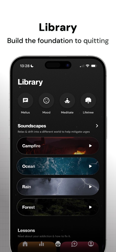 QUITTR - Break Free Now - The app provides a comprehensive "Library" featuring calming "Soundscapes" for relaxation and structured "Lessons" to support recovery.