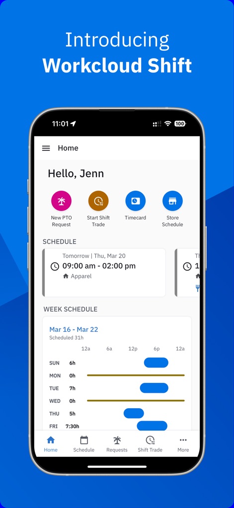 Workcloud Shift - The app presents a personalized "Hello, Jenn" greeting and a clear "Week Schedule" for an immediate overview.