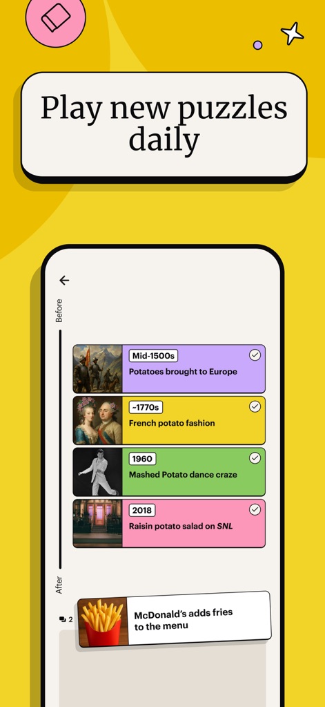 Spark: Daily Learning Puzzles - Witness the app's chronological puzzle format, where users order historical events such as "Potatoes brought to Europe" and "McDonald's adds fries to the menu".