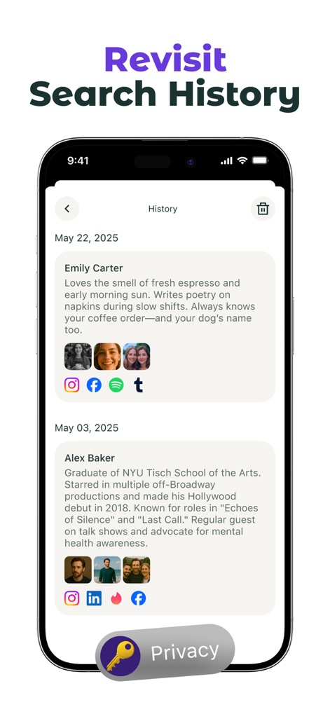 DeepSearch: AI Search Engine - Users can easily revisit past searches, viewing summarized results and source icons for previous profiles like Emily Carter and Alex Baker, all within a clear history interface.