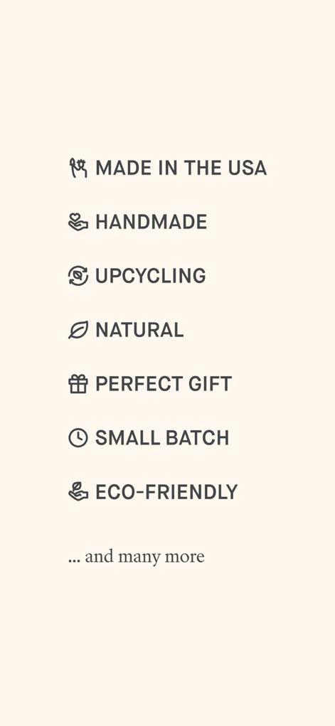 Choose: Daily Discovery - This screen highlights key product values through distinct icons such as "MADE IN THE USA" and "ECO-FRIENDLY," reinforcing the app's commitment to ethical sourcing.