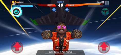 Boxing Star: Boxing Fight Game - La aplicación eleva la experiencia de combate con una secuencia de ataque especial altamente estilizada, donde se observa a un boxeador en pleno vuelo con un jet de fondo, destacando el diseño creativo de los personajes y sus accesorios únicos como las gafas de corazón.