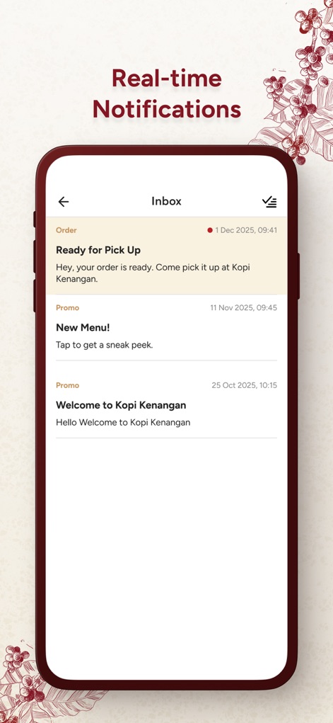 Kopi Kenangan Indonesia - この受信箱画面では、ユーザーは注文が「受け取り準備完了」になった際の最新情報や、「新メニュー」に関するプロモーション通知をリアルタイムで受け取ることができます。
