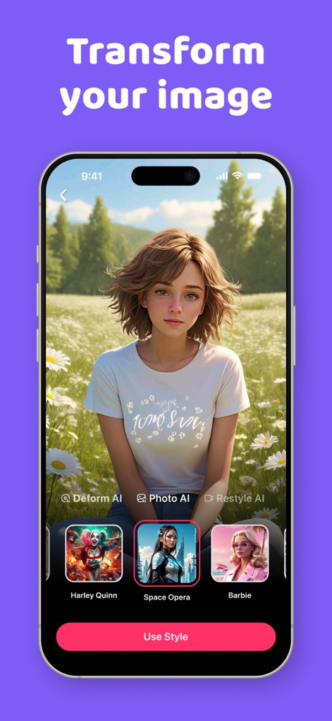 Zoomerang - Ai Video Maker - Observe the app's potential to radically transform images using advanced AI features such as "Deform AI" and a gallery of unique stylistic presets including "Barbie."