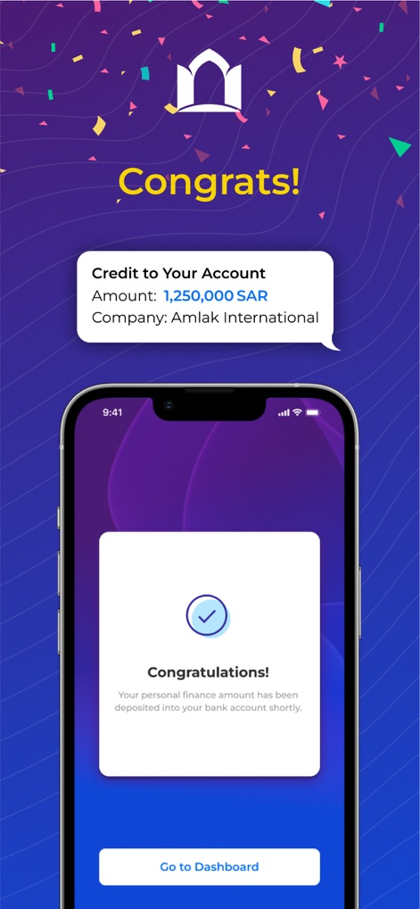 amlak: Personal Finance - The app confirms successful financing with a clear 'Congratulations!' message and prominently displays the 'Credit to Your Account' amount, such as '1,250,000 SAR'.