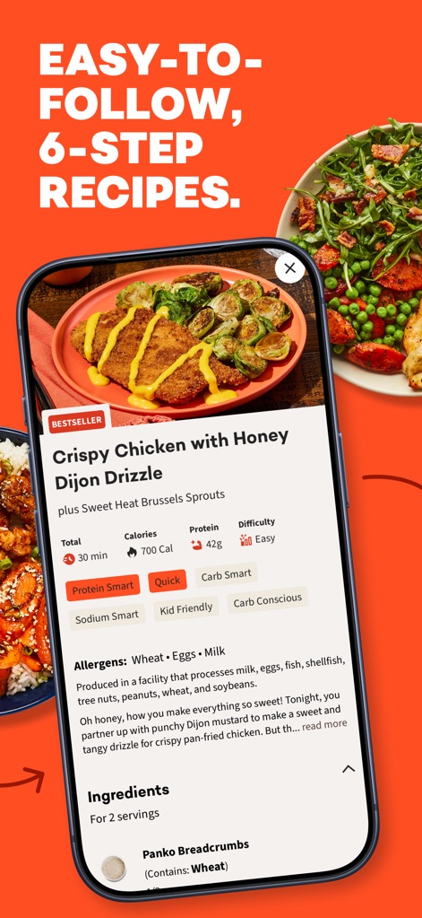 EveryPlate: Cooking Simplified - The app presents clear, easy-to-follow recipe details, including preparation time and calorie information, alongside a comprehensive list of ingredients.
