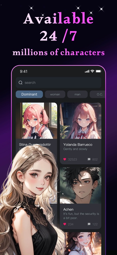 J.AI - AI Roleplay Chat - Users can efficiently explore millions of AI characters through the intuitive search bar and dynamic category filters, revealing diverse profiles with visible interaction metrics.